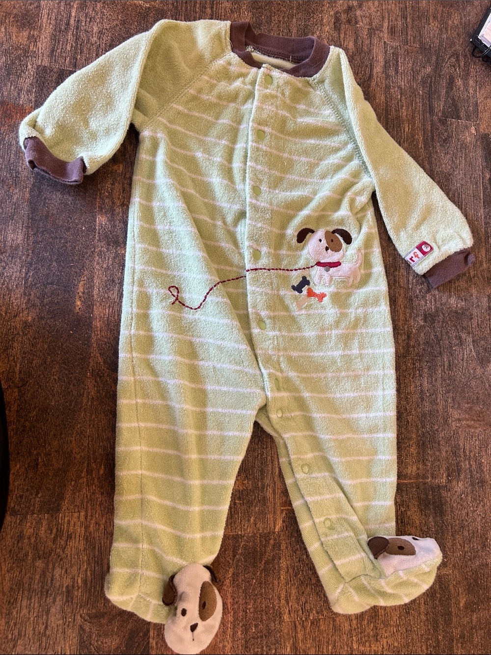 Green Striped Baby Footie with Puppy Appliqué